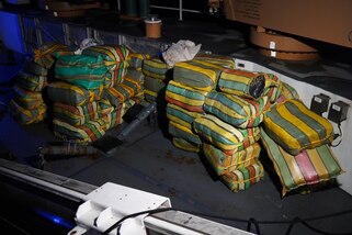 Interdicted drugs are staged on Coast Guard Cutter James in the Eastern Pacific Ocean, Feb. 15, 2025. The crew of U.S. Coast Guard Cutter James offloaded more than 44,550 pounds of cocaine and 3,880 pounds of marijuana valued at approximately $509.9 million in Port Everglades, April 9, 2025. (U.S. Coast Guard photo)