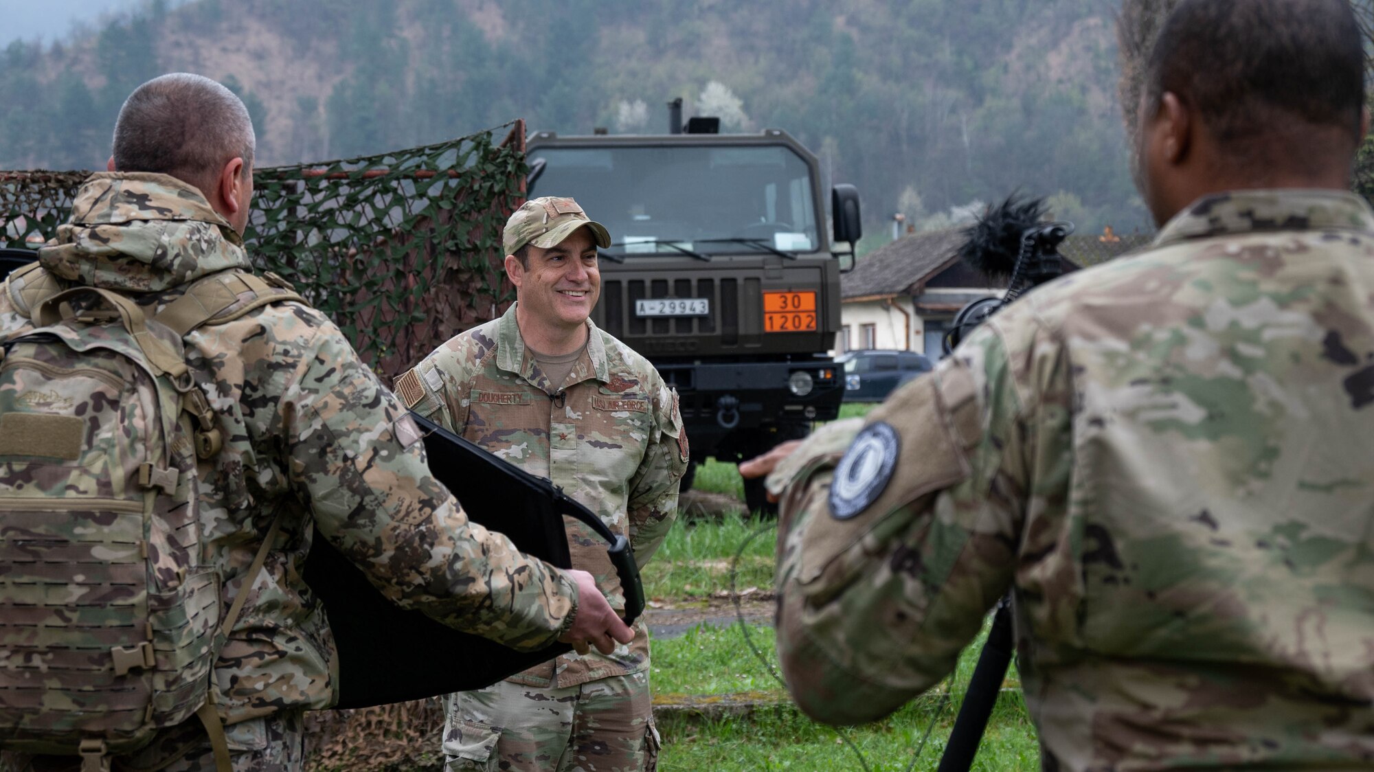 Maryland Air National Guard Brig. Gen. Drew E. Dougherty, assistant adjutant general – Air, is interviewed by a team of Maryland National Guard public affairs specialists and members of the Armed Forces of Bosnia and Herzegovina media information team in Zenica, Bosnia and Herzegovina, April 4, 2025.