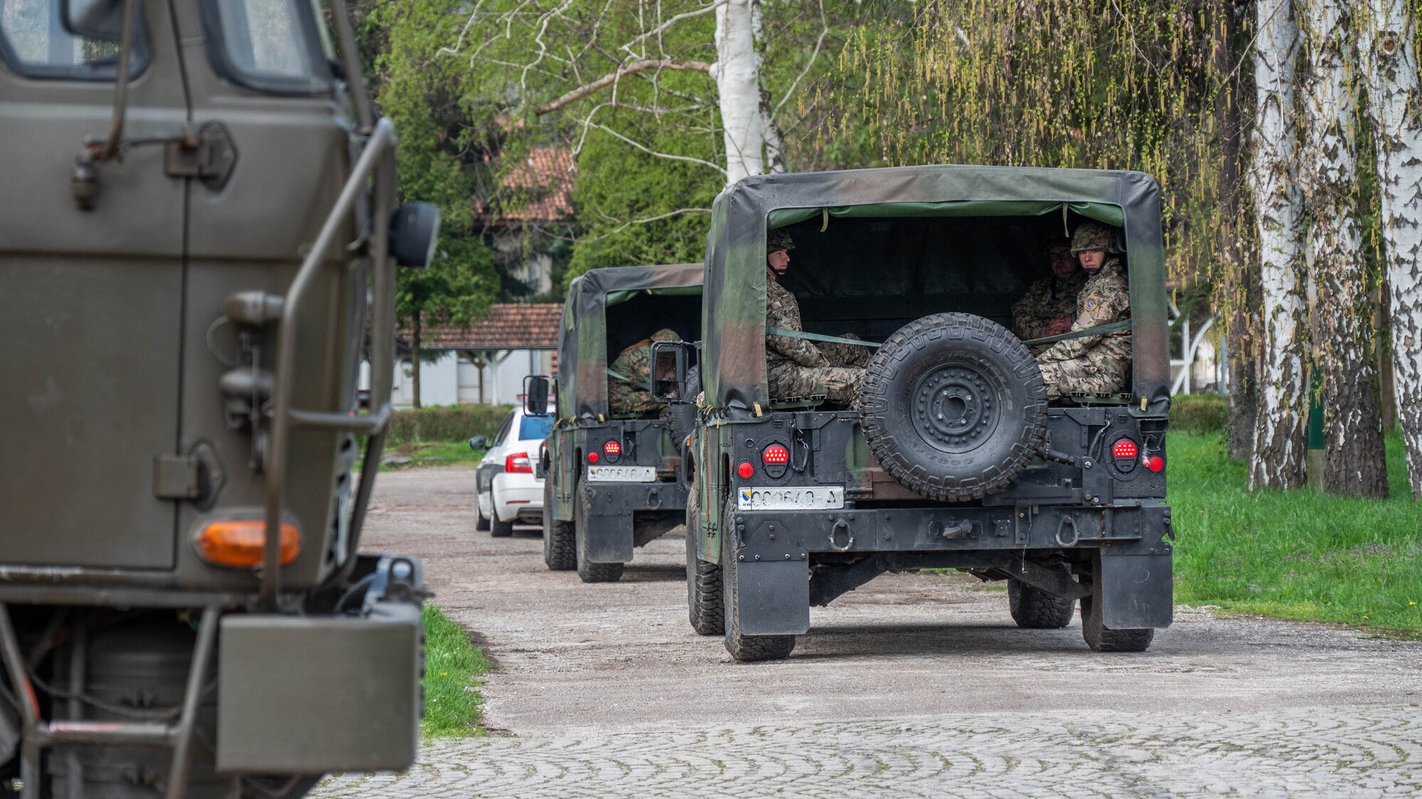 Members of the Armed Forces of Bosnia and Herzegovina depart during a convoy demonstration at the 7th Muslim Brigade barracks in Zenica, Bosnia and Herzegovina, on April 4, 2025.
