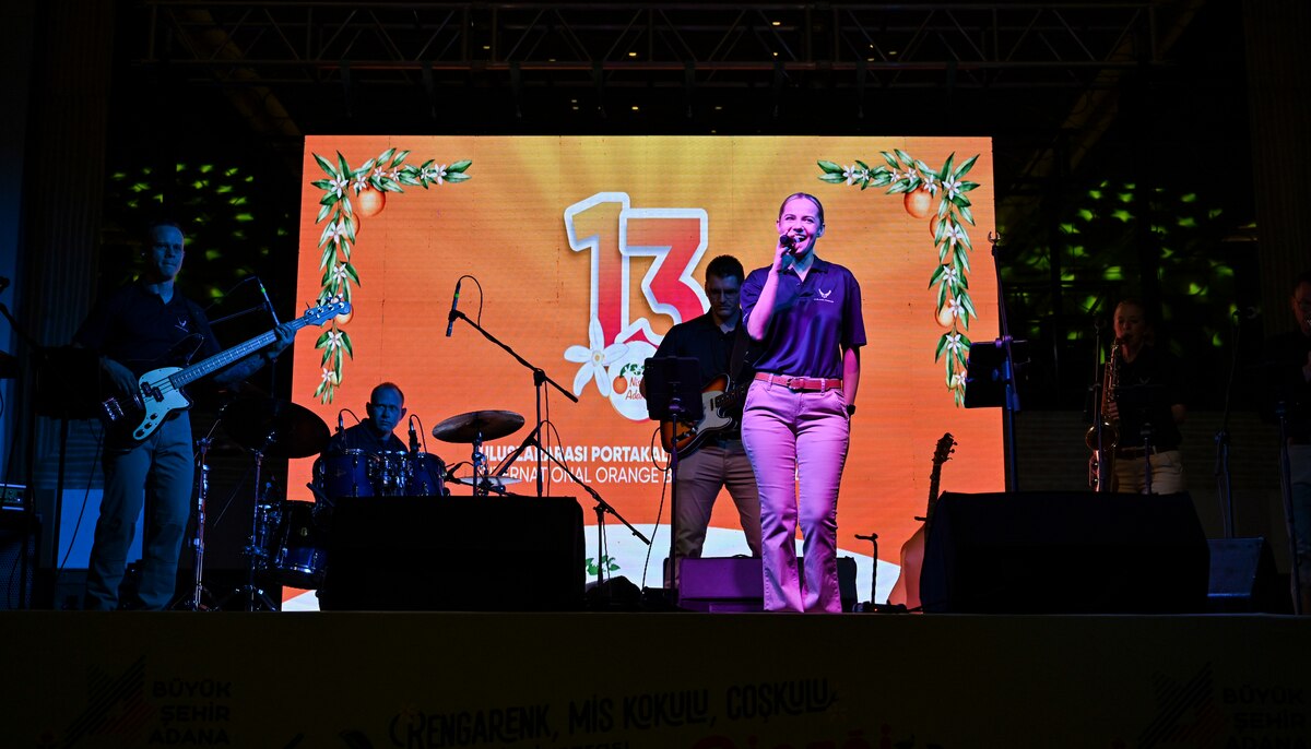 U.S. Air Forces in Europe and Air Forces Africa Band members from the “Touch N’ Go” ensemble perform during a VIP reception in Adana, Türkiye, April 4, 2025. The performance was part of a weeklong tour supporting the city’s annual Orange Blossom Carnaval and aimed at strengthening ties between the United States and its NATO Ally through cultural engagement. The reception, hosted by the U.S. State Department, brought together international diplomats, local officials, and community leaders. (U.S. Air Force photo by Master Sgt. Siuta Ika)
