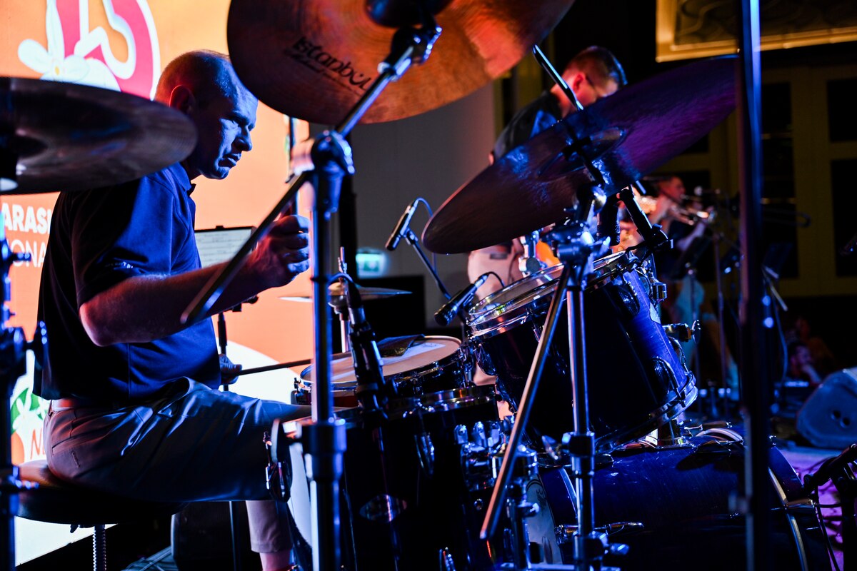 U.S. Air Force Staff Sgt. Daniel Dyar, drummer with the U.S. Air Forces in Europe and Air Forces Africa Band’s “Touch N’ Go” ensemble, performs during a VIP reception in Adana, Türkiye, April 4, 2025. The event, hosted by the U.S. State Department, brought together international diplomats, local officials, and community leaders to celebrate the opening of the Orange Blossom Carnaval. The performance kicked off a weeklong tour aimed at strengthening ties between the United States and its NATO Ally through cultural engagement. (U.S. Air Force photo by Master Sgt. Siuta Ika)
