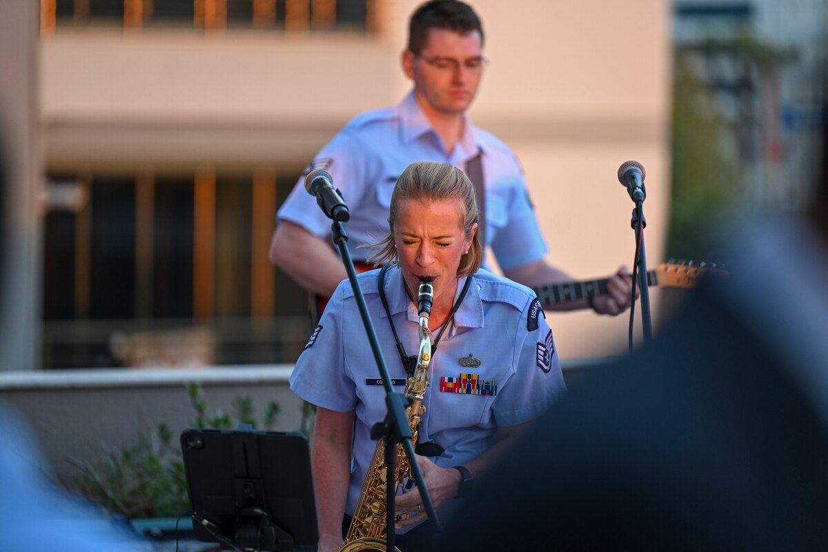 U.S. Air Force Staff Sgt. Sarah Cosano, saxophonist with the U.S. Air Forces in Europe and Air Forces Africa Band’s “Touch N’ Go” ensemble, performs at the EducationUSA Center in Adana, Türkiye, April 7, 2025. The event brought together Turkish alumni of U.S. universities and exchange programs, celebrating the strong educational and cultural ties between the United States and Türkiye. The performance concluded the band’s weeklong tour in support of the city’s annual Orange Blossom Carnaval. (U.S. Air Force photo by Staff Sgt. Joshua Hoskins)