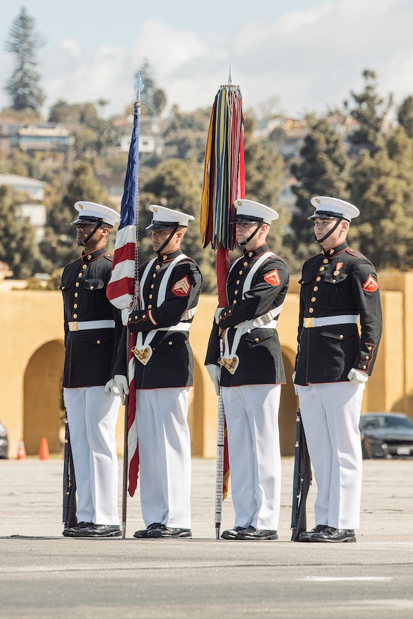 The official U.S. Marine Corps Color Guard, Marine Barracks Washington, prepare to march on the colors during a ceremony at Marine Corps Recruit Depot San Diego, California, March 7, 2025. The Battle Color Detachment’s West Coast Tour demonstrates our enduring values of honor, courage, and commitment as we commemorate our Corps’ 250th birthday. The BCD is comprised of The Commandant’s Own, the United States Marine Drum and Bugle Corps, the Silent Drill Platoon, and the official Marine Corps Color Guard out of Marine Barracks Washington. (U.S. Marine Corps photo by Cpl. Sarah M. Grawcock)