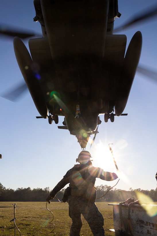 U.S. Marine Corps Cpl. Jaylei R. Evans, a landing support specialist with Combat Logistics Battalion 25, 4th Marine Logistics Group, holds a grounding hook during a helicopter support team training at Camp Lejeune, North Carolina, Mar. 27, 2025. Landing support specialists and pilots conducted HST to familiarize themselves with insertions and extractions of heavy loads to increase their proficiency in combat scenarios. (U.S. Marine Corps photo by Cpl. Salvador Flores Perez)