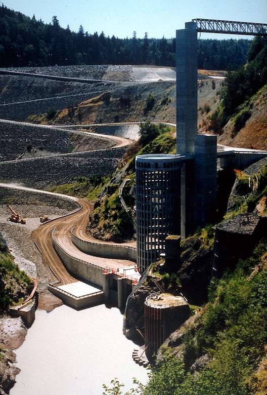 Photo of Mud Mountain Dam, located in Enumclaw, Washington. The project protects more than 400,000 homes and businesses along the White and Puyallup river valleys, between Buckley and Tacoma, Washington.