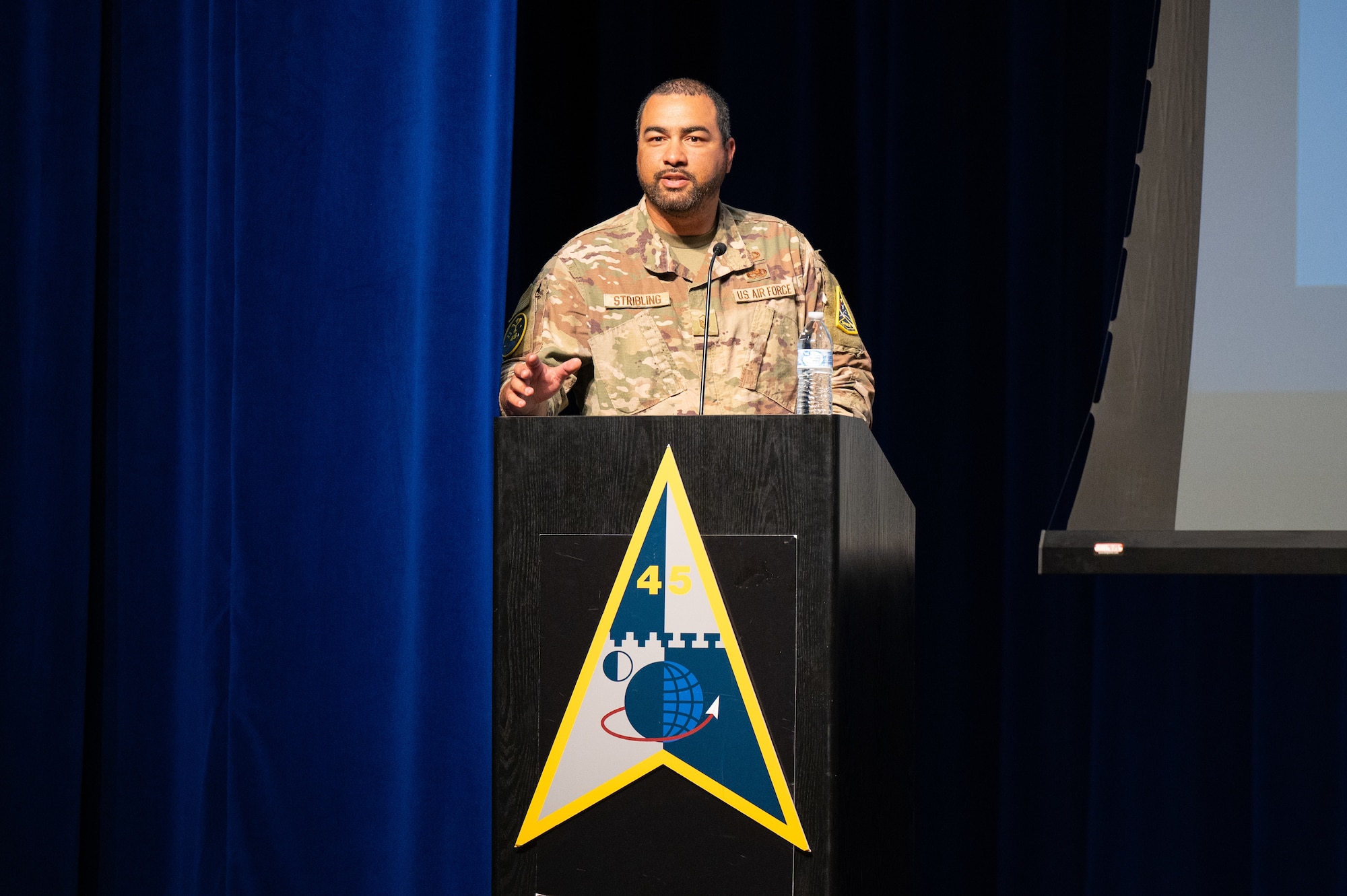 Master Sgt. Cameron Stribling, shares his experiences working with Guardians with U.S. Space Force and U.S. Air Force Senior Non-Commissioned Officers from across Space Systems Command during the inaugural SSC Leadership XChange at Patrick Space Force Base, Fla., on March 24, 2025.  The engagement focused on empowering SNCOs to effectively advocate for resources and navigate complex joint environments, ultimately driving mission success through collaborative problem-solving and enhanced leadership capabilities. (U.S. Space Force photo by Amanda Inman)