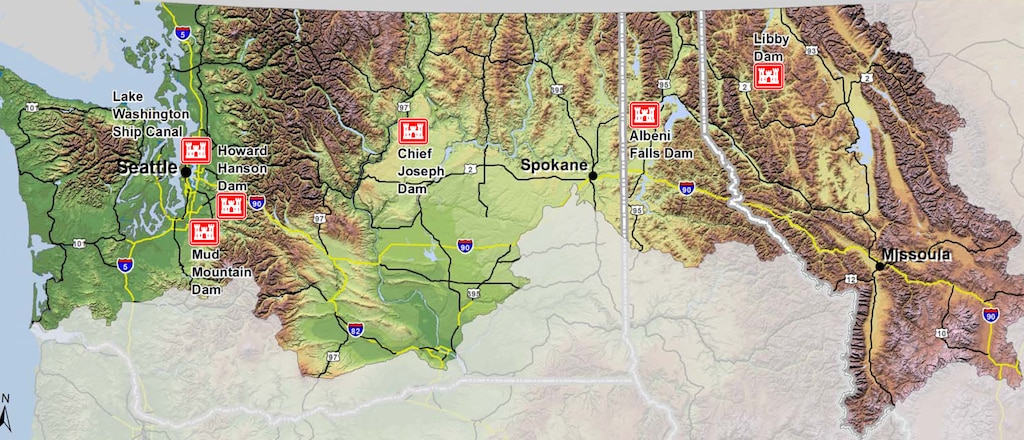 Map illustration of USACE-owned and managed dams in Seattle District. The district’s inventory of dams has multiple purposes including flood risk management, hydropower, navigation, water supply, river flow augmentation for fish, fish passage and recreation.