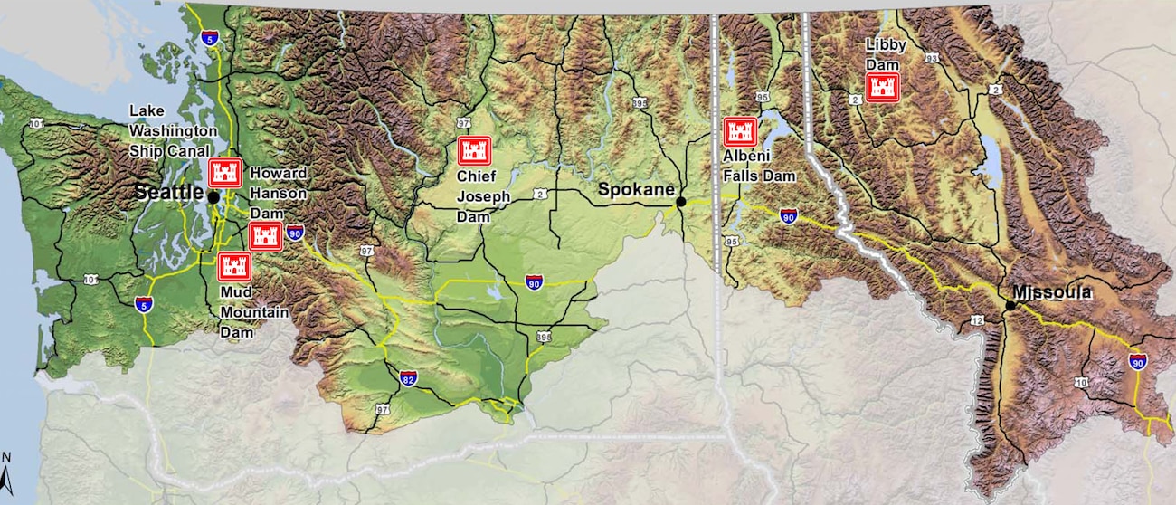 Map illustration of USACE-owned and managed dams in Seattle District. The district’s inventory of dams has multiple purposes including flood risk management, hydropower, navigation, water supply, river flow augmentation for fish, fish passage and recreation.