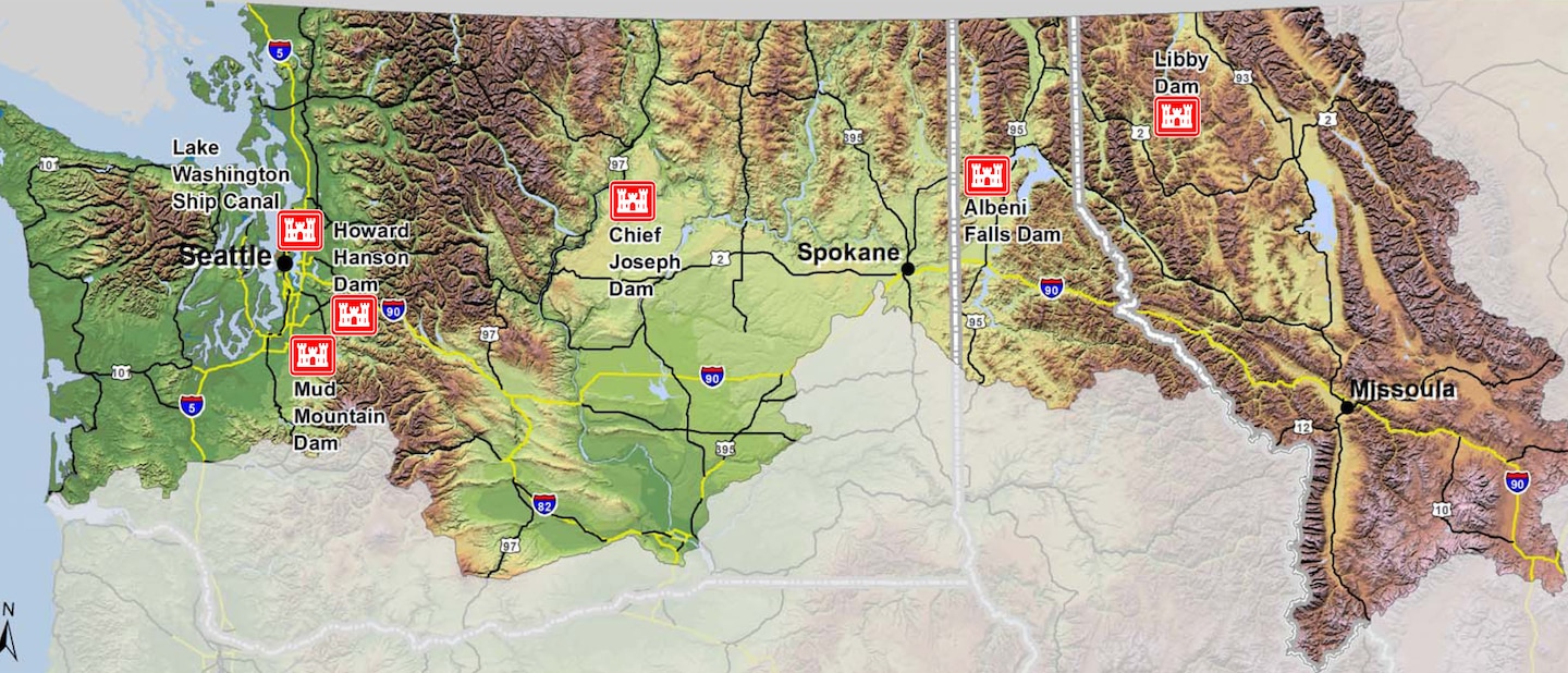 Map illustration of USACE-owned and managed dams in Seattle District. The district’s inventory of dams has multiple purposes including flood risk management, hydropower, navigation, water supply, river flow augmentation for fish, fish passage and recreation.