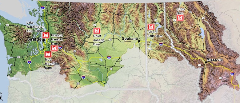 Map illustration of USACE-owned and managed dams in Seattle District. The district’s inventory of dams has multiple purposes including flood risk management, hydropower, navigation, water supply, river flow augmentation for fish, fish passage and recreation.