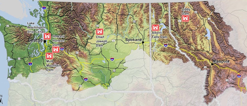 Map illustration of USACE-owned and managed dams in Seattle District. The district’s inventory of dams has multiple purposes including flood risk management, hydropower, navigation, water supply, river flow augmentation for fish, fish passage and recreation.