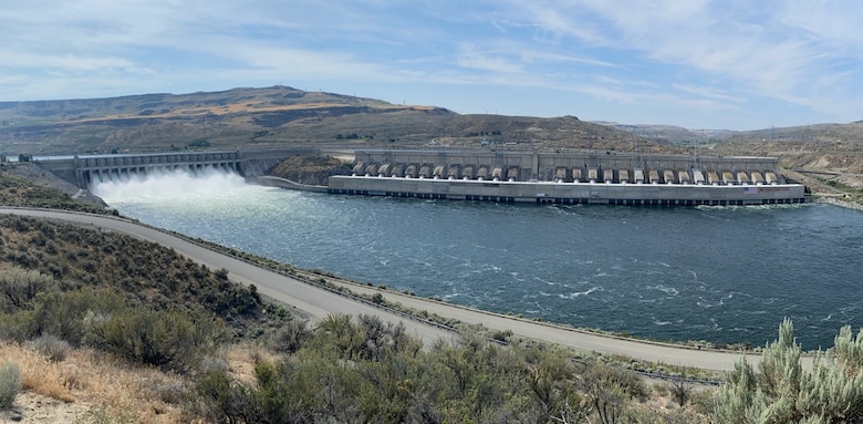 Photo of Chief Joseph Dam, the second largest hydropower producing dam in the U.S. It is the largest hydropower producing dam operated by USACE. The single powerhouse is over a third of a mile long and holds 27 house-sized turbines. Alone, it produces enough power to supply the whole Seattle metropolitan area.