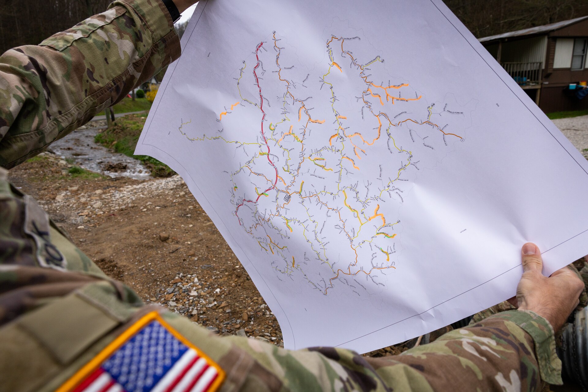 A map of critically damaged county roads in Hindman, Ky. on April 1, 2025. Members of Detachment 1, 149th Vertical Construction Company, 149th Maneuver Enhancement Brigade have been working for over a month to help counties repair critical roads since flooding in February. (U.S. Army National Guard photo by Andy Dickson)