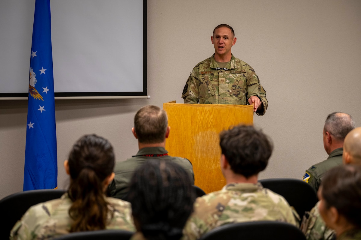U.S. Air Force Master Sgt. Doug McNeese, 54th Operations Support Squadron F-16 Fighting Falcon Intelligence Formal Training Unit instructor, gives opening remarks during the first 54th OSS F-16 IFTU graduation at Holloman Air Force Base, New Mexico, April 3, 2025.