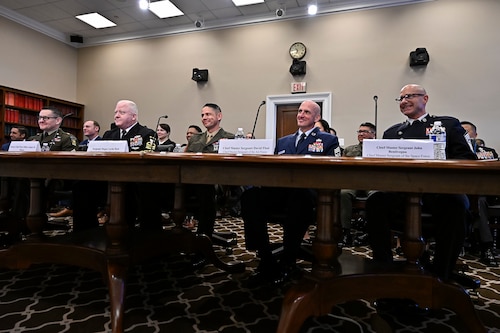 The Department of Defense service senior enlisted leaders listen to opening comments before testifying to the House Appropriations Committee.