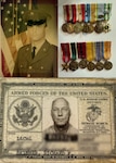 Pictured are U.S. Coast Guard Petty Officer 2nd Class Brian Skinner's father and grandfather, retired U.S. Army National Guard Sgt. Bruce Skinner (top) and retired U.S. Marine Corps Lt. Col. Richard F. Skinner, April 9, 2025. Shown above, a decorated war veteran, Richard F. Skinner joined the Marines after Pearl Harbor in 1941 and completed three combat tours in World War II, the Korean War, and the Vietnam War. (U.S. Coast Guard graphic by Petty Officer 3rd Class Santiago Gomez)