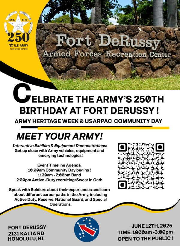 Come Join us for U.S. Army Pacific Community Day at Fort DeRussy on June 12, 2025, as we celebrate our Army Heritage Week. Come check out our military vehicles, and weapons displays.
