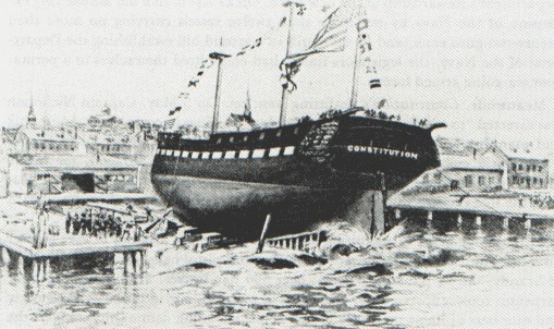 A black and white drawing shows an old ship launching into a harbor.