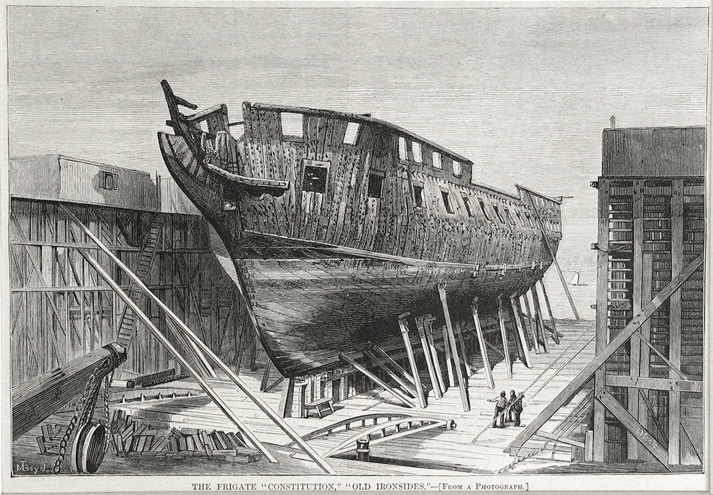 To repair the hull of the USS Constitution the ship is moved to a dry dock.