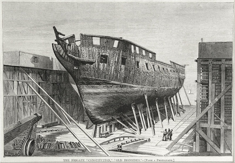 To repair the hull of the USS Constitution the ship is moved to a dry dock.