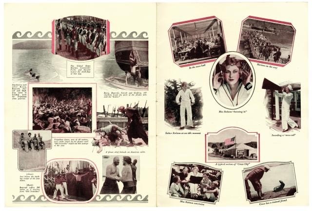 Upper Right: A pamphlet shows pictures from the silent film 'Old Ironsides.' Center: The USS Constitution appears in the video game Fallout 4. Lower Left: A movie poster for the 2003 film 'Master and Commander.'