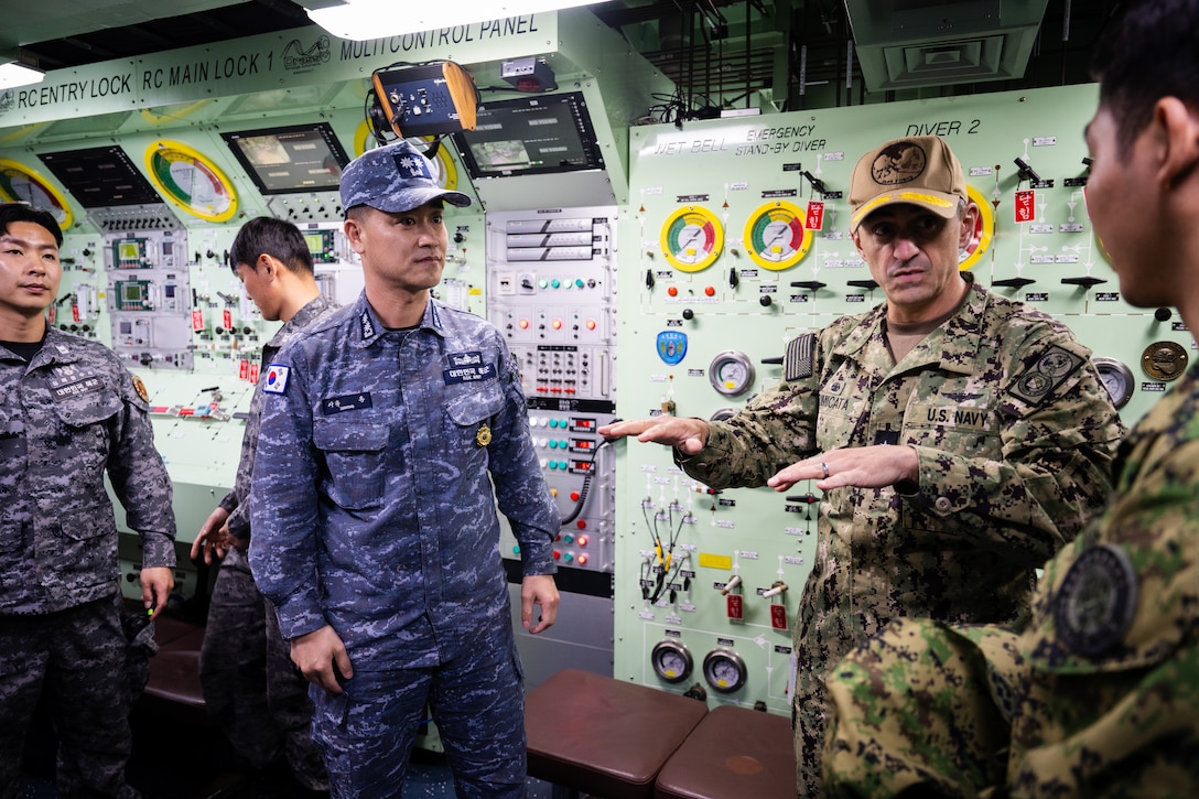 Rear Adm. Todd F. Cimicata visits Jinhae Naval Base during a joint dive and salvage exercise.