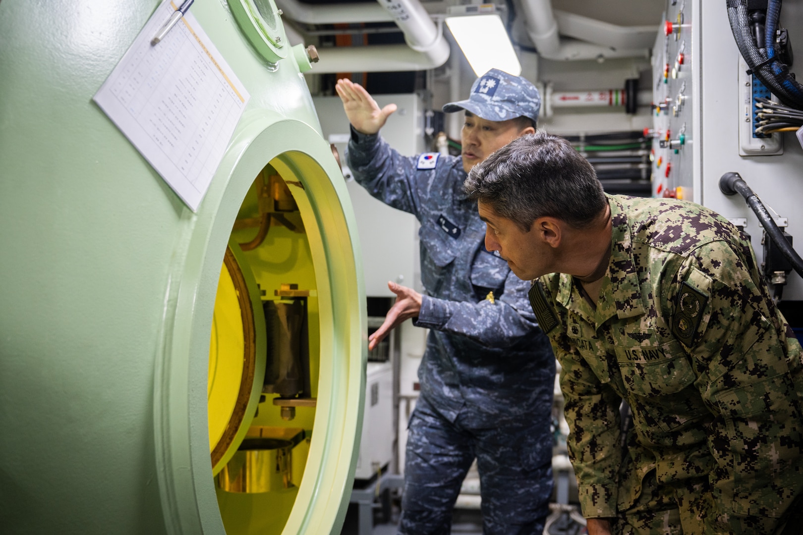Rear Adm. Todd F. Cimicata visits Jinhae Naval Base during a joint dive and salvage exercise.