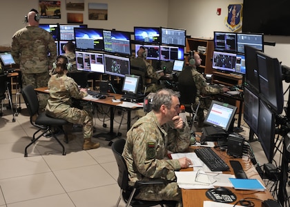 U.S. Airmen assigned to the Wisconsin Air National Guard's 128th Air Control Squadron, fascilitate a training mission for airspace control and surveillance specialists from multiple NATO countries March 31, 2025, at Volk Field Air National Guard Base in Camp Douglas, Wisconsin.