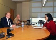 JOINT BASE SAN ANTONIO-FORT SAM HOUSTON – (April 8, 2025) – Dr. Heuy-Ching Hetty Wang, Naval Medical Research Unit (NAMRU) San Antonio’s human research protection official and director, Combat Casualty Care & Operational Medicine directorate, speaks with Derek English and Lt. Cmdr. Matt Shipman, military deputy director, Department of the Navy (DON) Human Research Protection Program (HRPP) during a site visit to NAMRU San Antonio at the Battlefield Health and Trauma Research Institute. The DON HRPP is responsible for ensuring human subjects research conducted or supported by U.S. Navy complies with federal, DoD and Navy regulations. Its mission is to ensure the ethical treatment of human subjects in DON-conducted or supported research by promoting adherence to the ethical principles, laws, regulations, and policies that protect human subjects.  NAMRU San Antonio is one of eight research commands within Navy Medicine Research and Development. Its mission is to conduct gap driven combat casualty care, craniofacial, and directed energy research to improve survival, operational readiness, and safety of DoD personnel engaged in routine and expeditionary operations. (U.S. Navy photo by Burrell D. Parmer, NAMRU San Antonio Public Affairs/Released)