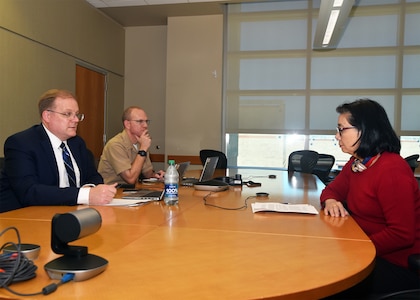 JOINT BASE SAN ANTONIO-FORT SAM HOUSTON – (April 8, 2025) – Dr. Heuy-Ching Hetty Wang, Naval Medical Research Unit (NAMRU) San Antonio’s human research protection official and director, Combat Casualty Care & Operational Medicine directorate, speaks with Derek English and Lt. Cmdr. Matt Shipman, military deputy director, Department of the Navy (DON) Human Research Protection Program (HRPP) during a site visit to NAMRU San Antonio at the Battlefield Health and Trauma Research Institute. The DON HRPP is responsible for ensuring human subjects research conducted or supported by U.S. Navy complies with federal, DoD and Navy regulations. Its mission is to ensure the ethical treatment of human subjects in DON-conducted or supported research by promoting adherence to the ethical principles, laws, regulations, and policies that protect human subjects.  NAMRU San Antonio is one of eight research commands within Navy Medicine Research and Development. Its mission is to conduct gap driven combat casualty care, craniofacial, and directed energy research to improve survival, operational readiness, and safety of DoD personnel engaged in routine and expeditionary operations. (U.S. Navy photo by Burrell D. Parmer, NAMRU San Antonio Public Affairs/Released)
