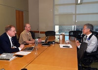 JOINT BASE SAN ANTONIO-FORT SAM HOUSTON – (April 8, 2025) – Dr. Yoon Hwang, a principal investigator assigned to Naval Medical Research Unit (NAMRU) San Antonio’s Craniofacial Health and Restorative Medicine directorate, speaks with Derek English and Lt. Cmdr. Matt Shipman, military deputy director, Department of the Navy (DON) Human Research Protection Program (HRPP) during a site visit to NAMRU San Antonio at the Battlefield Health and Trauma Research Institute. The DON HRPP is responsible for ensuring human subjects research conducted or supported by U.S. Navy complies with federal, DoD and Navy regulations. Its mission is to ensure the ethical treatment of human subjects in DON-conducted or supported research by promoting adherence to the ethical principles, laws, regulations, and policies that protect human subjects.  NAMRU San Antonio is one of eight research commands within Navy Medicine Research and Development. Its mission is to conduct gap driven combat casualty care, craniofacial, and directed energy research to improve survival, operational readiness, and safety of DoD personnel engaged in routine and expeditionary operations. (U.S. Navy photo by Burrell D. Parmer, NAMRU San Antonio Public Affairs/Released)