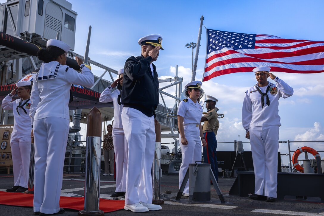 U.S. Navy Adm. Alvin Holsey, commander of U.S. Southern Command, boards the Ticonderoga-class guided-missile cruiser, USS Chosin (CG 65) for a reception night, Panama, April 7, 2025. U.S. Southern Command and the Panamanian security forces collaborate to ensure and maintain regional stability during natural disasters, medical catastrophes or regional conflicts. (U.S. Marine Corps photo by Lance Cpl. Van Hoang)