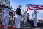 U.S. Navy Adm. Alvin Holsey, commander of U.S. Southern Command, boards the Ticonderoga-class guided-missile cruiser, USS Chosin (CG 65) for a reception night, Panama, April 7, 2025. U.S. Southern Command and the Panamanian security forces collaborate to ensure and maintain regional stability during natural disasters, medical catastrophes or regional conflicts. (U.S. Marine Corps photo by Lance Cpl. Van Hoang)