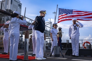 U.S. Navy Adm. Alvin Holsey, commander of U.S. Southern Command, boards the Ticonderoga-class guided-missile cruiser, USS Chosin (CG 65) for a reception night, Panama, April 7, 2025. U.S. Southern Command and the Panamanian security forces collaborate to ensure and maintain regional stability during natural disasters, medical catastrophes or regional conflicts. (U.S. Marine Corps photo by Lance Cpl. Van Hoang)
