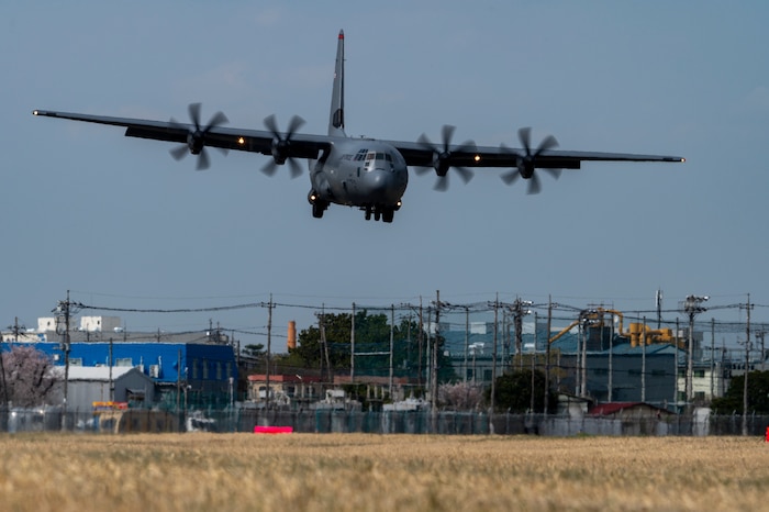 A U.S. Air Force C-130J Super Hercules assigned to the 36th Airlift Squadron prepares to land on an alternate runway.