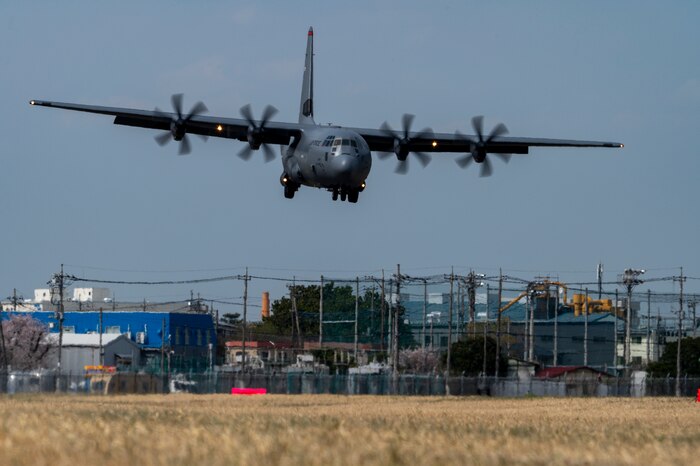 A U.S. Air Force C-130J Super Hercules assigned to the 36th Airlift Squadron prepares to land on an alternate runway.