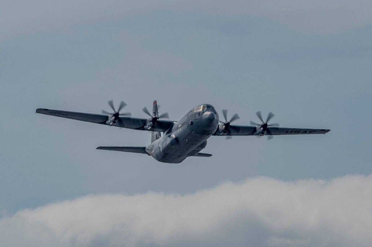A U.S. Air Force C-130J Super Hercules assigned to the 36th Airlift Squadron prepares to land on an alternate runway.