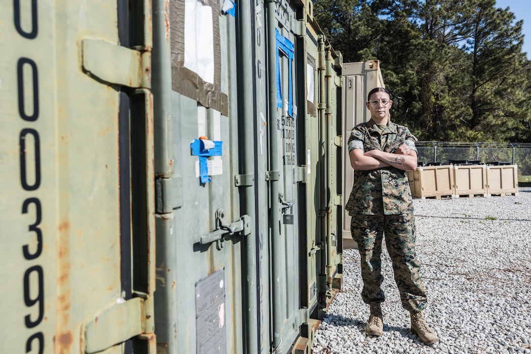 U.S. Marine Corps Lance Cpl. Lilly Alonzo, an embarkation clerk with 2nd Medical Battalion, 2nd Marine Logistics Group, poses for a photo at Marine Corps Base Camp Lejeune, North Carolina, April 9, 2025. Alonzo’s command selected her as warrior of the week for her exceptional communication and logistical coordination during preparation for a joint training certification exercise while effectively operating across unit boundaries and occupational fields. Each week, 2nd MLG recognizes one outstanding Marine or Sailor that goes above and beyond in their duties and embodies the qualities of an outstanding service member.  (U.S. Marine Corps photo by Cpl. Meshaq Hylton)