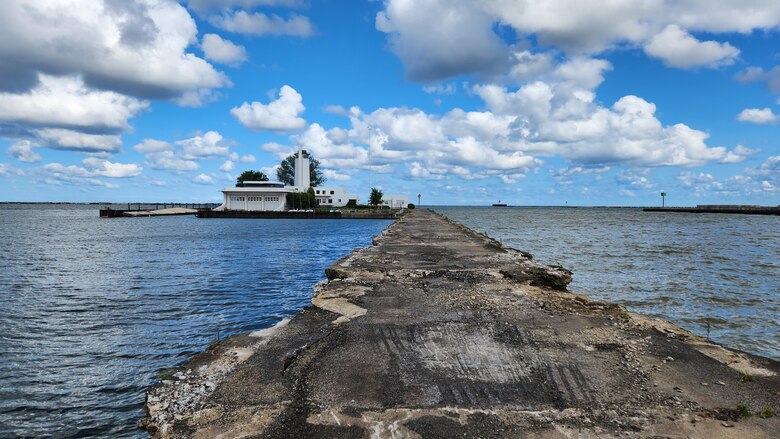 Cleveland West Pier and the historic U.S. Coast Guard Station on Lake Erie