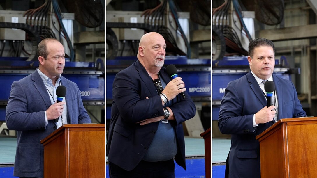 The U.S. Army Corps of Engineers joined contractors Eastern Shipbuilding Group and Royal IHC on April 4, 2025, in Panama City, FL for a steel cutting ceremony, kicking off construction of a Medium Class Hopper Dredge to replace the Dredge McFARLAND of the Army Corps’ Philadelphia District. 

Speaking at the ceremony were (from left) Joey D’Isernia, CEO, Eastern Shipbuilding Group; Bert Jan ter Riet, COO, Royal IHC; John Primavera, Regional Business Director, USACE North Atlantic Division; and (not pictured) Stephen Hill, USACE Director of Operations.