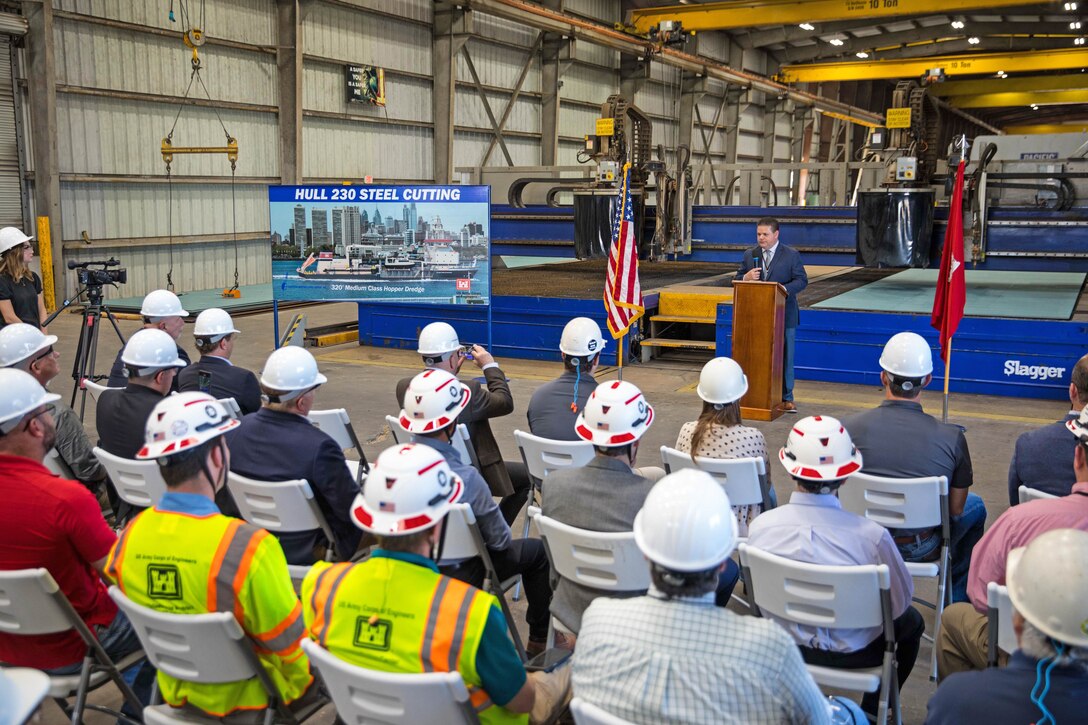 The U.S. Army Corps of Engineers joined contractors Eastern Shipbuilding Group and Royal IHC on April 4, 2025, in Panama City, FL for a steel cutting ceremony, kicking off construction of a Medium Class Hopper Dredge to replace the Dredge McFARLAND of the Army Corps’ Philadelphia District. 

Participating in the event were the USACE Marine Design Center, which is managing the “3010 Medium Class Hopper Dredge” project; contractor (and event host) Eastern Shipbuilding Group; designer of record Royal IHC, Netherlands; plus representatives from USACE Headquarters, North Atlantic Division, and the Philadelphia District, where the new dredge will arrive in late 2027. It will replace the almost 60-year-old McFARLAND as the USACE Minimum Fleet East Coast Hopper Dredge. The state-of-the-art vessel will be 320’ long with a 72’ beam and a hopper capacity of 6,000 cubic yards.