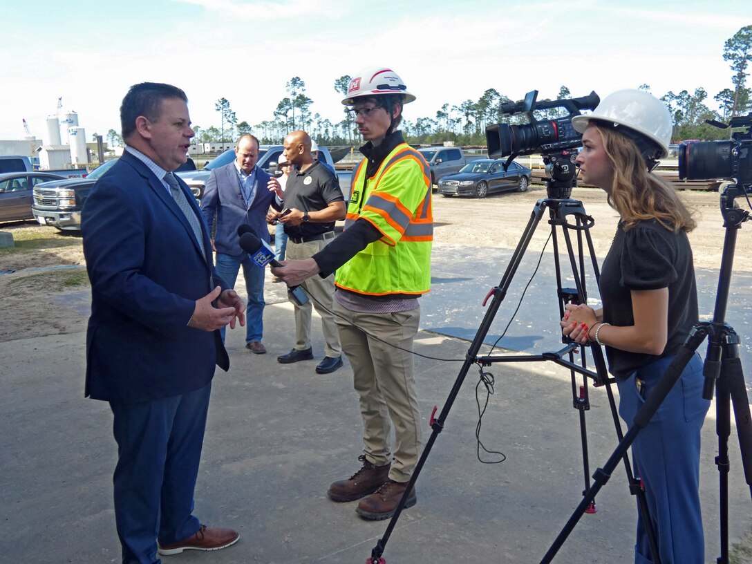 The U.S. Army Corps of Engineers joined contractors Eastern Shipbuilding Group and Royal IHC on April 4, 2025, in Panama City, FL for a steel cutting ceremony, kicking off construction of a Medium Class Hopper Dredge to replace the Dredge McFARLAND of the Army Corps’ Philadelphia District. After the event, John Primavera of the USACE North Atlantic Division was among several participants interviewed by Riley Lehman of local ABC affiliate TV13 (Panama City) and by Dalton Yoder, USACE Mobile District.