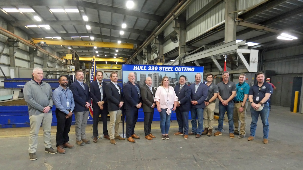 The U.S. Army Corps of Engineers joined contractors Eastern Shipbuilding Group and Royal IHC on April 4, 2025, in Panama City, FL for a steel cutting ceremony, kicking off construction of a Medium Class Hopper Dredge to replace the Dredge McFARLAND of the Army Corps’ Philadelphia District. After the ceremony, the team gathered for one big photo (from left) Captain Mike Hass, Master, Dredge McFarland, USACE Philadelphia District; Liju Raju-Kaneelil, Marine Design Center Project Manager, and Brendan McNichol, Chief, Dredge Programs Branch, Marine Design Center; Tijmen Malschaert, Head of Design & Estimation, Leo van Ingen, Sales Director, and Bert Jan ter Riet, COO, Royal IHC; Stephen Hill, Director of Operations, USACE; Krista Woodham, Project Coordinator, Eastern Shipbuilding Group; John Primavera, Regional Business Director, North Atlantic Division; Joey D’Isernia, CEO, Matt D’Isernia, Project Manager, and Jamie Keel, VP - Commercial Shipbuilding, Eastern Shipbuilding Group; Brian Murtaugh, Director, Marine Design Center; and Caleb Smith, Deputy Project Manager, Eastern Shipbuilding Group.