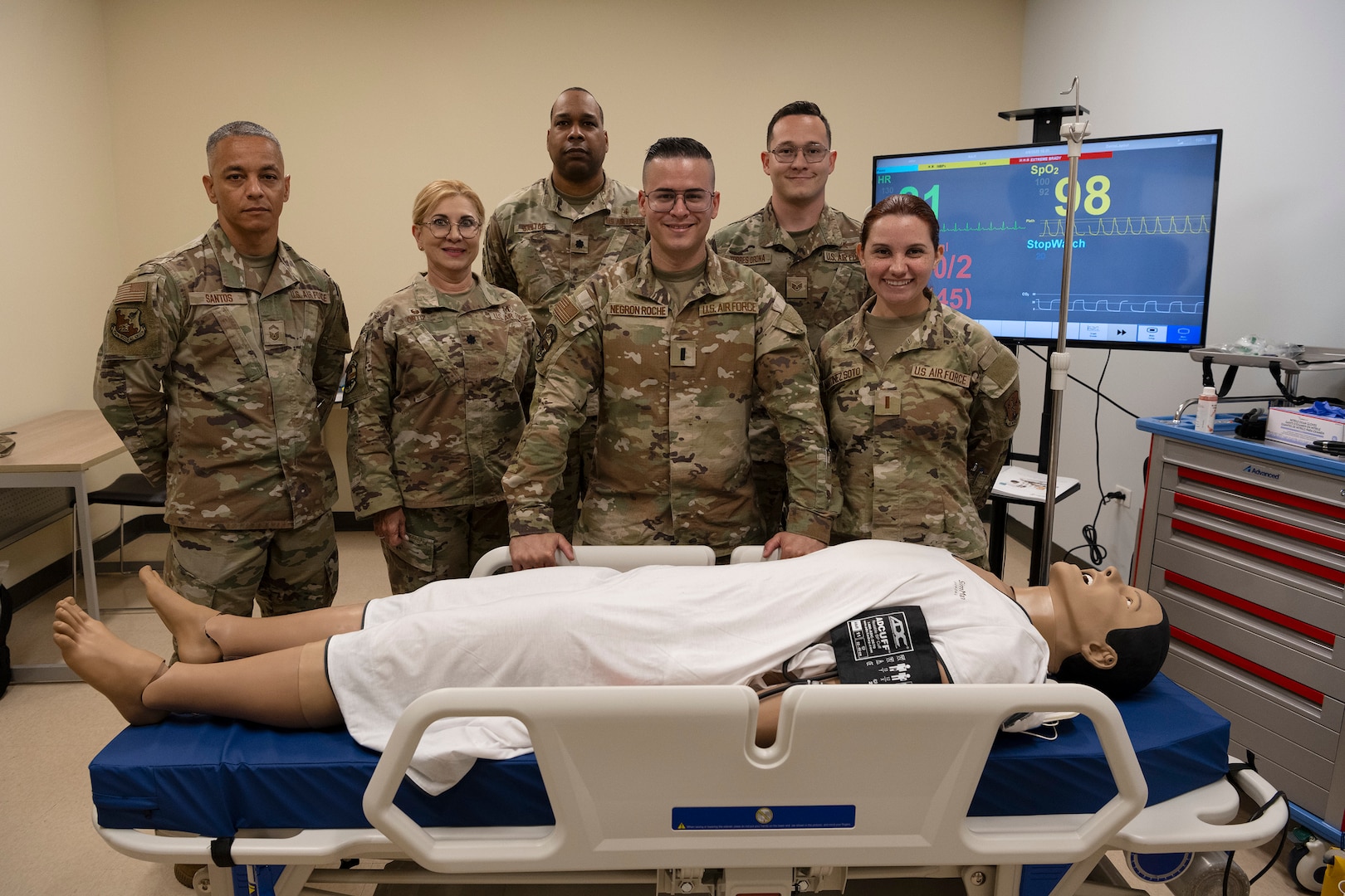 U.S. Airmen assigned to the 156th Medical Group, Detachment 1, Puerto Rico Air National Guard, pose for a group photo during the medical group trauma training simulator lab inauguration at Muñiz Air National Guard Base, Carolina, Puerto Rico, April 6, 2025.