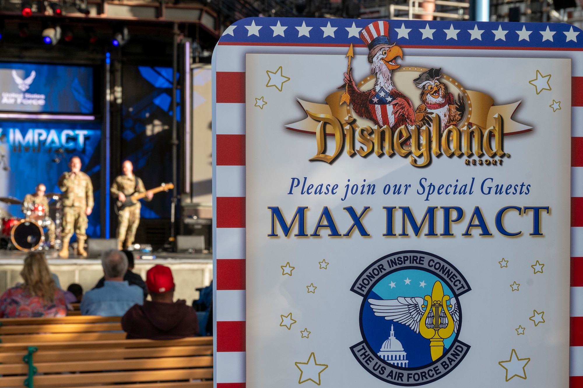 Audience members attend a performance by The U.S. Air Force Band's Max Impact during the Southern California tour at Disney California Adventure Park, Anaheim, Calif., April 3, 2025. The mission of Max Impact, a rock band, is to honor those who have served, inspire American citizens to heightened patriotism and service, and connect the global community on behalf of the Air Force and the United States. Max Impact consists of six active-duty musicians stationed at Joint Base Anacostia-Bolling, Washington, D.C. (U.S. Air Force photo by Hayden Hallman)