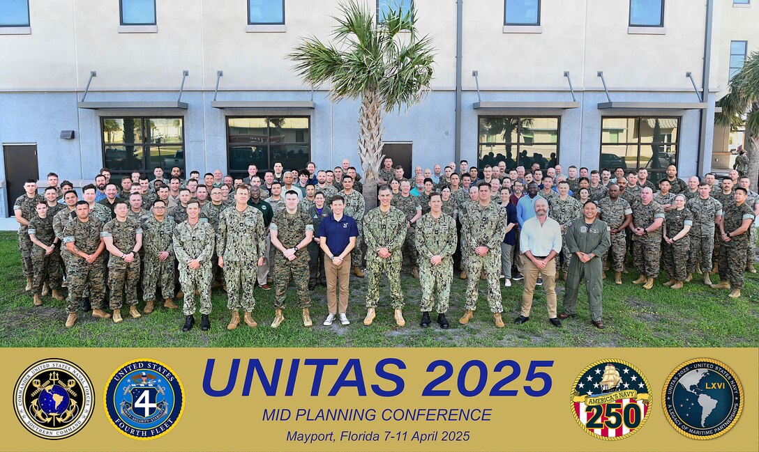 Led by Rear Adm. Carlos Sardiello, Commander U.S. Naval Forces Southern Command/U.S. 4th Fleet, more than 100 Sailors, Marines, and civilians gathered onboard Naval Station Mayport in support of the UNITAS 2025 Mid-Planning Conference. This year’s UNITAS, scheduled for September, is the longest-running, multinational maritime exercise in the world. UNITAS 2025 will combine the efforts of Allies and Partners from across the globe and serve as the warfighting introduction to Navy 250 – the U.S. Navy’s year-long birthday celebration. U.S. Naval Forces Southern Southern Command and the trusted maritime partner for Command/U.S. 4th Fleet is the maritime component of U.S. Caribbean, Central and South America maritime forces leading to improved unity, security, and stability.
