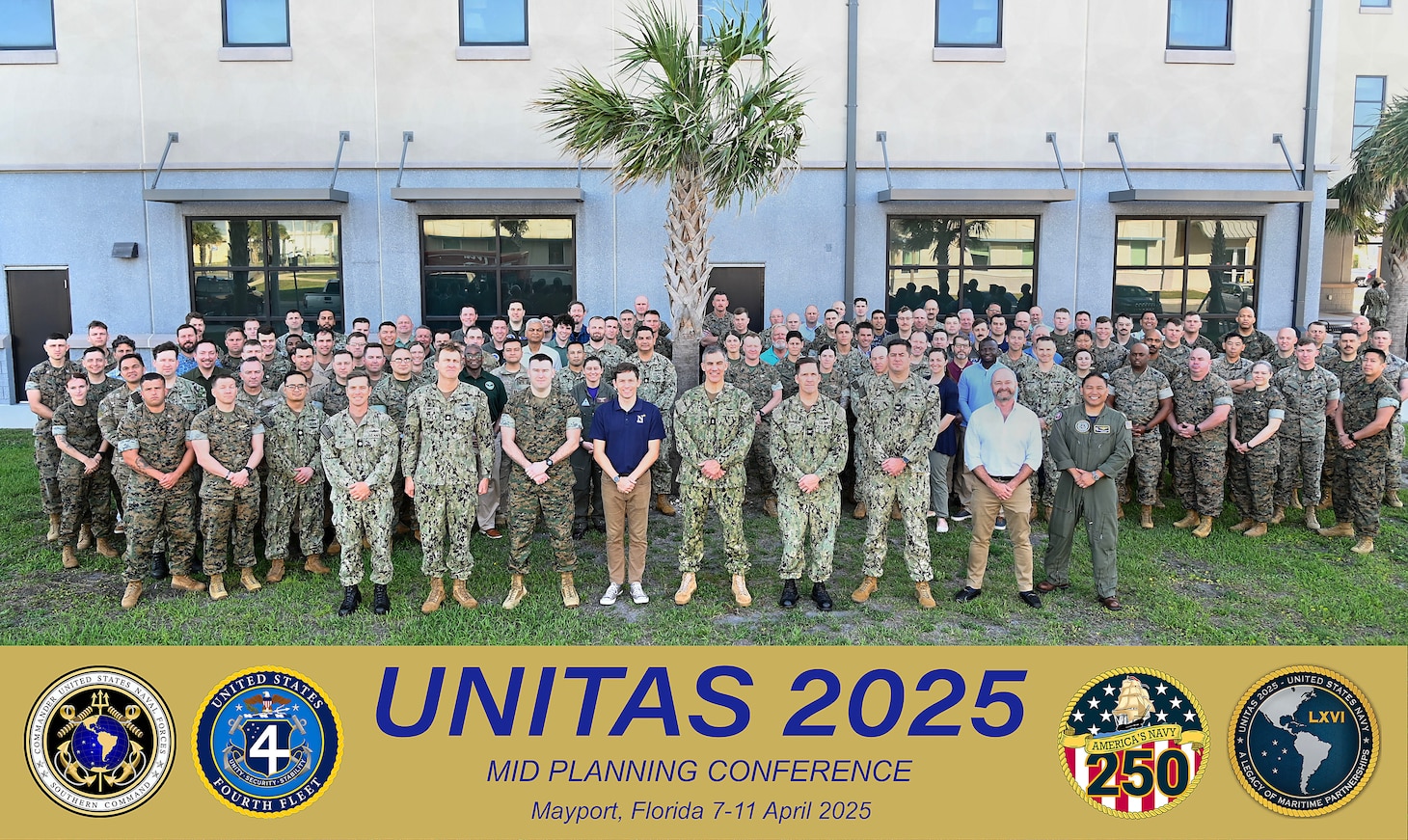 Led by Rear Adm. Carlos Sardiello, Commander U.S. Naval Forces Southern Command/U.S. 4th Fleet, more than 100 Sailors, Marines, and civilians gathered onboard Naval Station Mayport in support of the UNITAS 2025 Mid-Planning Conference. This year’s UNITAS, scheduled for September, is the longest-running, multinational maritime exercise in the world. UNITAS 2025 will combine the efforts of Allies and Partners from across the globe and serve as the warfighting introduction to Navy 250 – the U.S. Navy’s year-long birthday celebration. U.S. Naval Forces Southern Southern Command and the trusted maritime partner for Command/U.S. 4th Fleet is the maritime component of U.S. Caribbean, Central and South America maritime forces leading to improved unity, security, and stability.