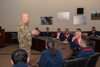 U.S. Air Force Maj. Gen. Joel Carey, chief of staff for U.S. Indo-Pacific Command, engages with National Defense University Foreign Fellows during their capstone event at USINDOPACOM headquarters on Camp H.M. Smith, Honolulu, April 10, 2025.