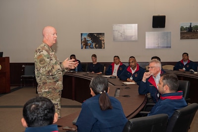 U.S. Air Force Maj. Gen. Joel Carey, chief of staff for U.S. Indo-Pacific Command, engages with National Defense University Foreign Fellows during their capstone event at USINDOPACOM headquarters on Camp H.M. Smith, Honolulu, April 10, 2025.