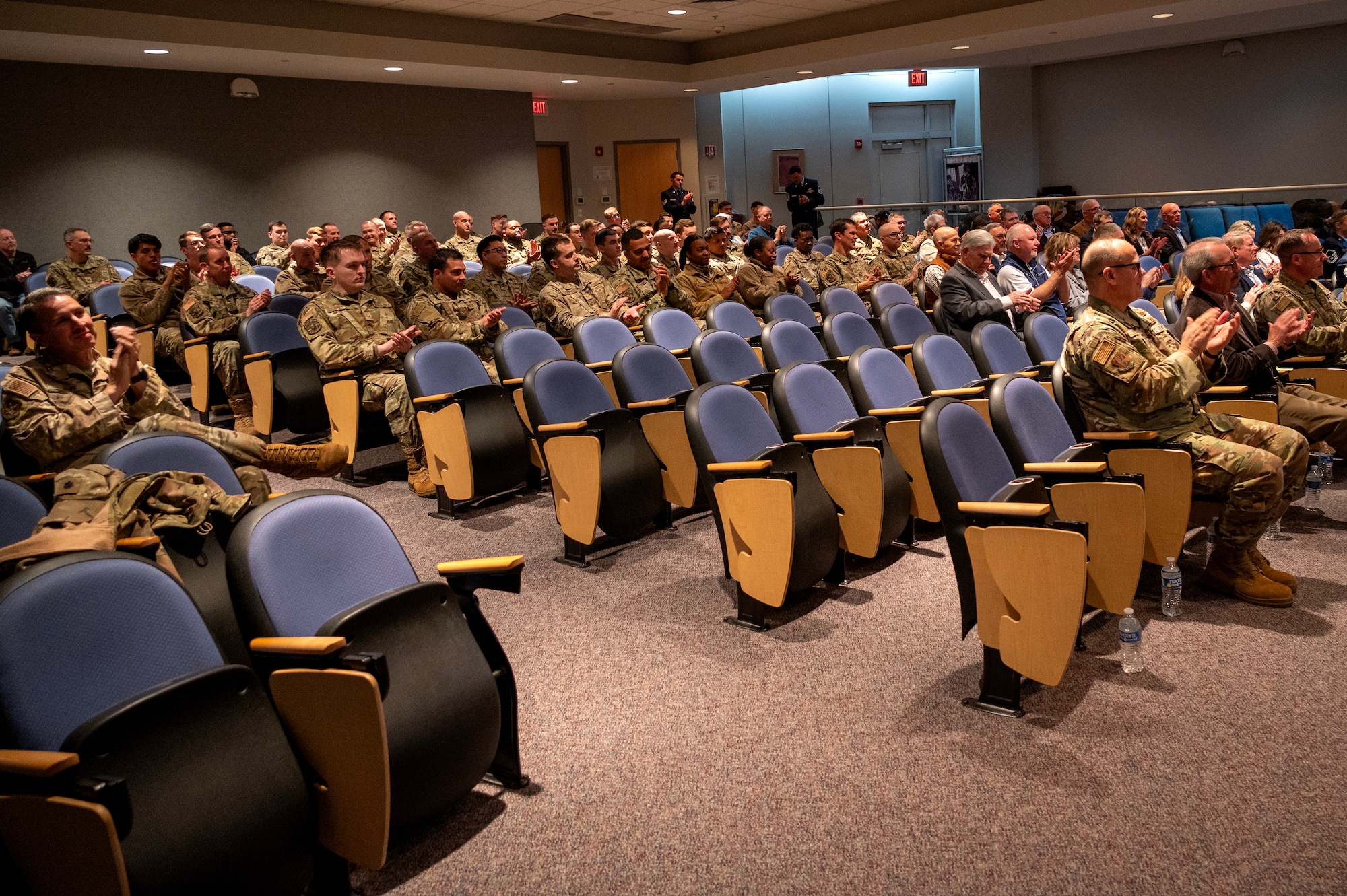 North Carolina Air National Guard members clap at the 235th Combat Airfield Operations Squadron redesignation ceremony at the North Carolina Air National Guard’s New London, N.C. location, March 7, 2025.